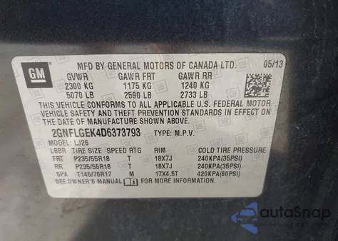 2013 Chevrolet Equinox Ltz из США, поврежденный, VIN 2GNFLGEK4D6373793